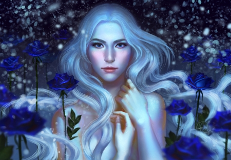 White rose - woman, girl, frumusete, anndr, rose, fantasy, white, art, luminos, blue