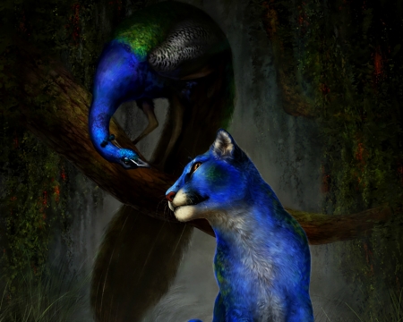 Strange heritage - bird, blue, dark, fantasy, tamberella, animal, peacock, green, pasare, lion, art, luminos