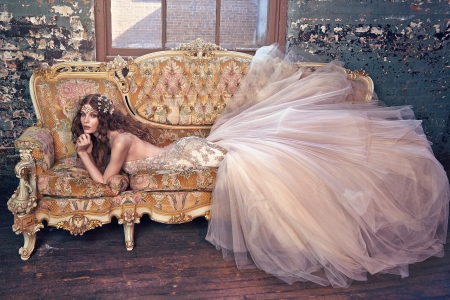 Bride - white, model, galia lahav, sofa, bride, girl, woman, dress