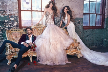 Brides and bridegroom - bride, dress, girl, man, bridegroom, white, galia lahav, woman, model, trio