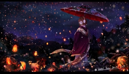 Night of lights - anime, blue, girl, kimono, night, light, lantern, manga, umbrella, red, manoma01