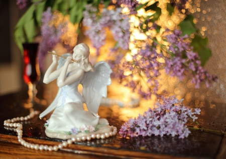 Still life with angel singing - lilac, angel, flower, still life, jewel, instrument, white, flute, pearl