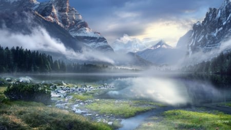 Mountain Mist - lake, trees, serene, mountains, mist, national forest, forest, blue, fog, firefox persona theme