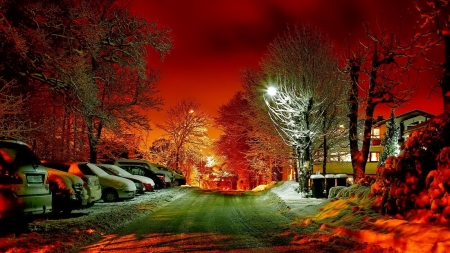 Peaceful Time - trees, cars, winter, road, snow, night, nature, lights, houses, peaceful