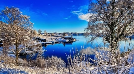 Winter lake - winter, beautiful, snow, landscape, ice, frozen, frost, lake, sky