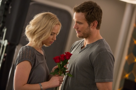 Passengers 2016 - chris pratt, actress, jennifer lawrence, movie, couple, rose, red, man, actor, passengers, flower