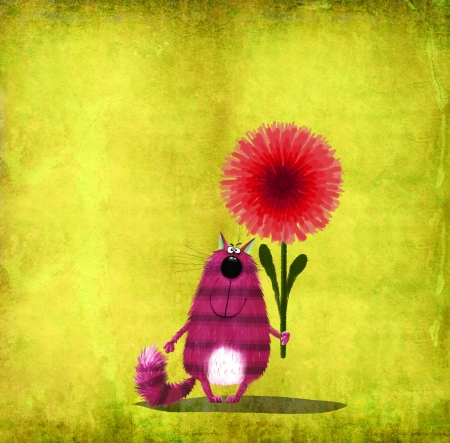 For you! - flower, pink, cat, pisica, animal, funny, red, green, art