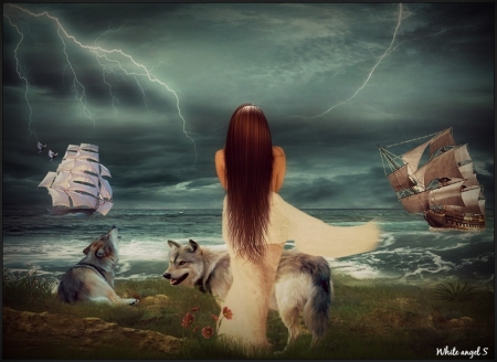 Waiting - fantasy, lady, wolf, ship