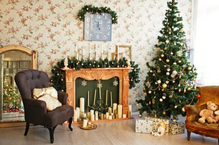 Christmas decorations - christmas tree, christmas decorations, candles, fireplace, christmas room