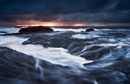 Sunset with dark clouds - nature, sunset, sea, clouds