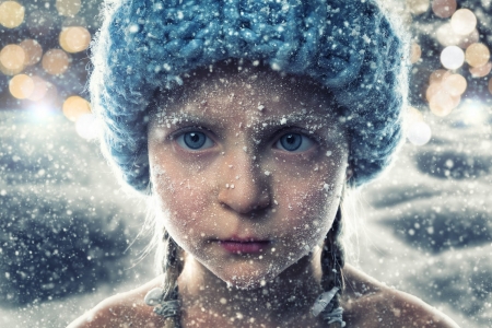 Just a little blizzard - hat, winter, just a little blizzard, snow, girl, copil, child, face, john wilhelm blue