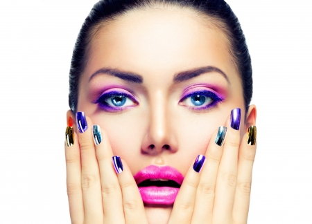 Beauty - woman, beauty, anna subbotina, girl, model, face, pink, hand, blue, nails