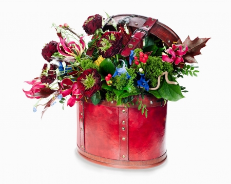 Bouquet of flowers - white, red, green, card, flower, bouquet, suitcase