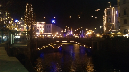 Ljubljana, New Year Lights at river Ljubljanica - New Year Lights, river Ljubljanica, Ljubljana, Three Bridges