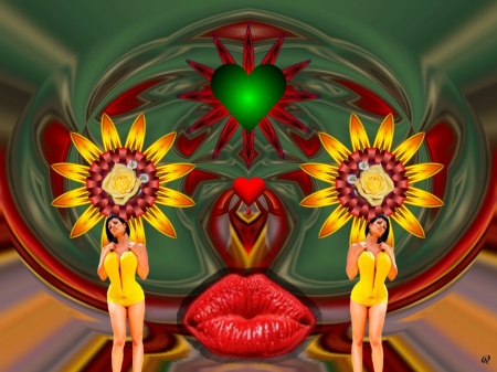 Yellow and Green Love - fractal, abstract, collage, 3d, eye candy