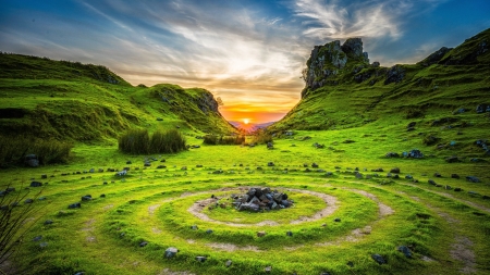 Sunset - sky, sunset, moss, land, grass