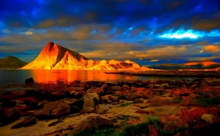 Golden Mountain - clouds, nature, lake, golden, mountain