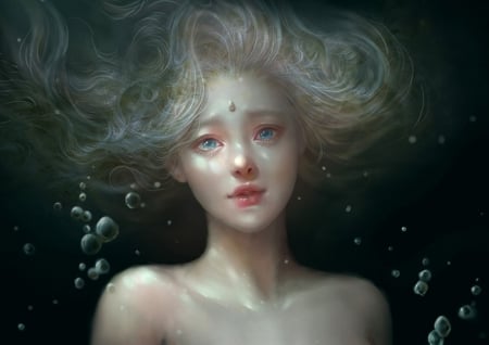 Mermaid - vara, girl, water, frumusete, summer, bubbles, fantasy, superb, underwater, face, art, gorgeous, mermaid, siren, luminos, blonde