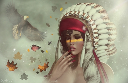 Wild - indian, rendering, native, girl, fantasy, pasare, mist, bird, white, eagle, red, luminos, feather