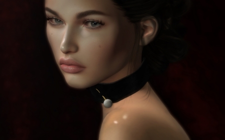 Sad woman - game, choker, girl, black, fantasy, woman, rendering, face, CG, luminos