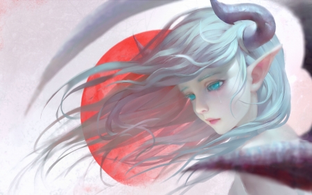 Demoness - face, red, demon, shuhai yimitong, sun, girl, blue, art, luminos, horns