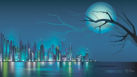 City Blues - trees, light, buildings, skyscrapers, reflection, full moon, blue, city, firefox persona theme