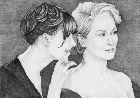 Andy and Miranda - sketch, Meryl Streep, Andy Sachs, actors, fashion, Devil Wears Prada, pencil, illustration, drawing, Anne Hathaway, black and white, Miranda Priestly, shades of grey, exquisite illustration