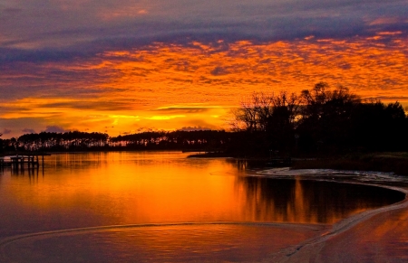 Winter Sunset - clouds, trees, winter, snow, forest, river, sunset, nature, lake