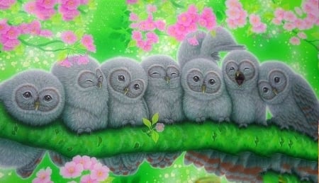 Family of Love - owls, attractions in dreams, paintings, spring, family, flowers, nature, beloved valentines, love four seasons, animals