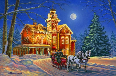 Winter moonlight - moon, winter, snow, horse, castle