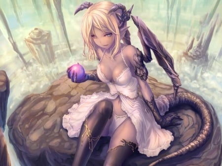 Demonesse - girl, wings, ball, fantasy, horns, purple, pink, anime, tenmaso, manga, demon