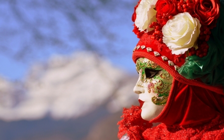 Venice Carnival - white, mask, woman, red, venice, rose, carnival