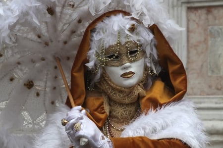 Venice Carnival - white, umbrella, mask, woman, venice, feather, golden, carnival