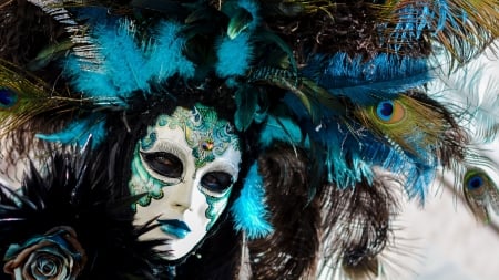 Venice Carnival - feather, carnival, venice, peacock, mask, woman, blue