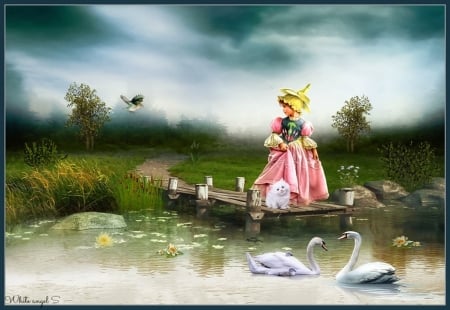 little girl - swan, girl, fantasy, bird