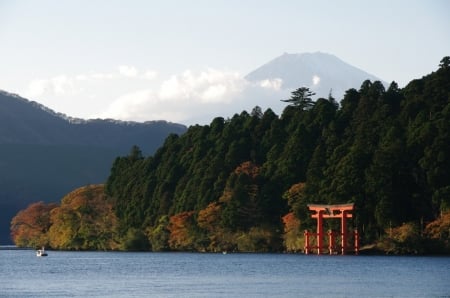 Mount Hakone - gate, japan, torii, scenery, hakone, sea, japanese, mountain