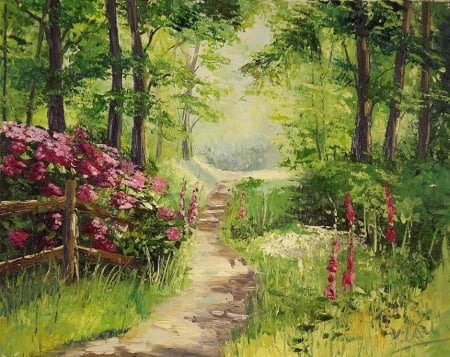 Spring in the forest - painting, fence, forest, path, flower