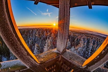 Winter view - trees, landscape, mountain, winter, sunset, view, forest, beautiful, frost, snow, sunrise