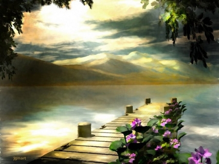 Dock - sea, dock, painting, sky