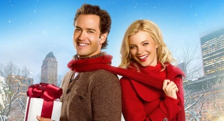 12 Dates of Christmas 2011 - 12 dates of christmas, red, actress, blonde, scarf, actor, girl, amy smart, gift, movie, mark paul goselaar, woman, man