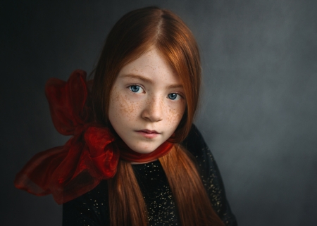 Beauty - redhead, girl, child, copil, freckles, face, bow, red, little