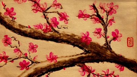 Sakura - branch, sakura, blossom, cherry, spring, flower, pink, pictura, painting, art