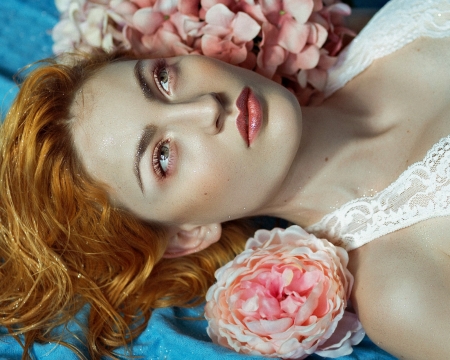 Beauty - redhead, blue, woman, model, girl, flower, pink