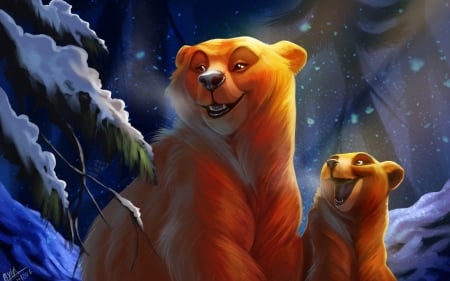 Bears - tehchan, forest, luminos, bear, blue, winter, orange, fantasy