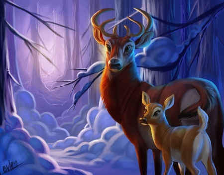 Deers - tehchan, cub, winter, deer, fantasy, forest, luminos, blue, snow, orange