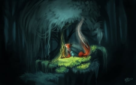 Fox - fox, tehchan, art, forest, luminos, green, tree, fantasy