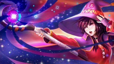 Witch - hat, madeleineink, blue, pink, witch, fantasy, red, megumin, luminos