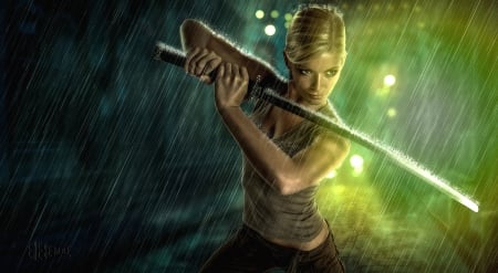 Girl with sword - girl, rain, luminos, sword, fantasy, cg