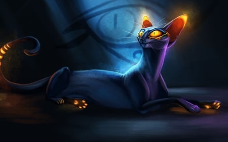 Cat - tehchan, cat, black, fantasy, pisica, art, luminos, blue, orange