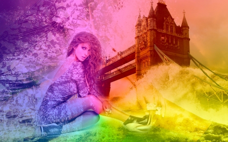 Girl and London Bridge - woman, rainbow, girl, rainbow colors, fantasy, art, pretty, beautiful, digital, london bridge